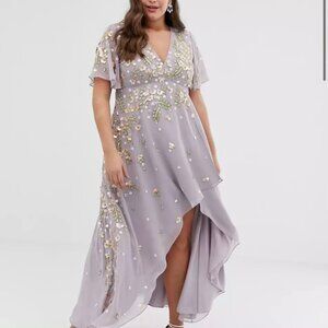ASOS Curve Dipped Hem Lilac Dress with 3D Embellishments